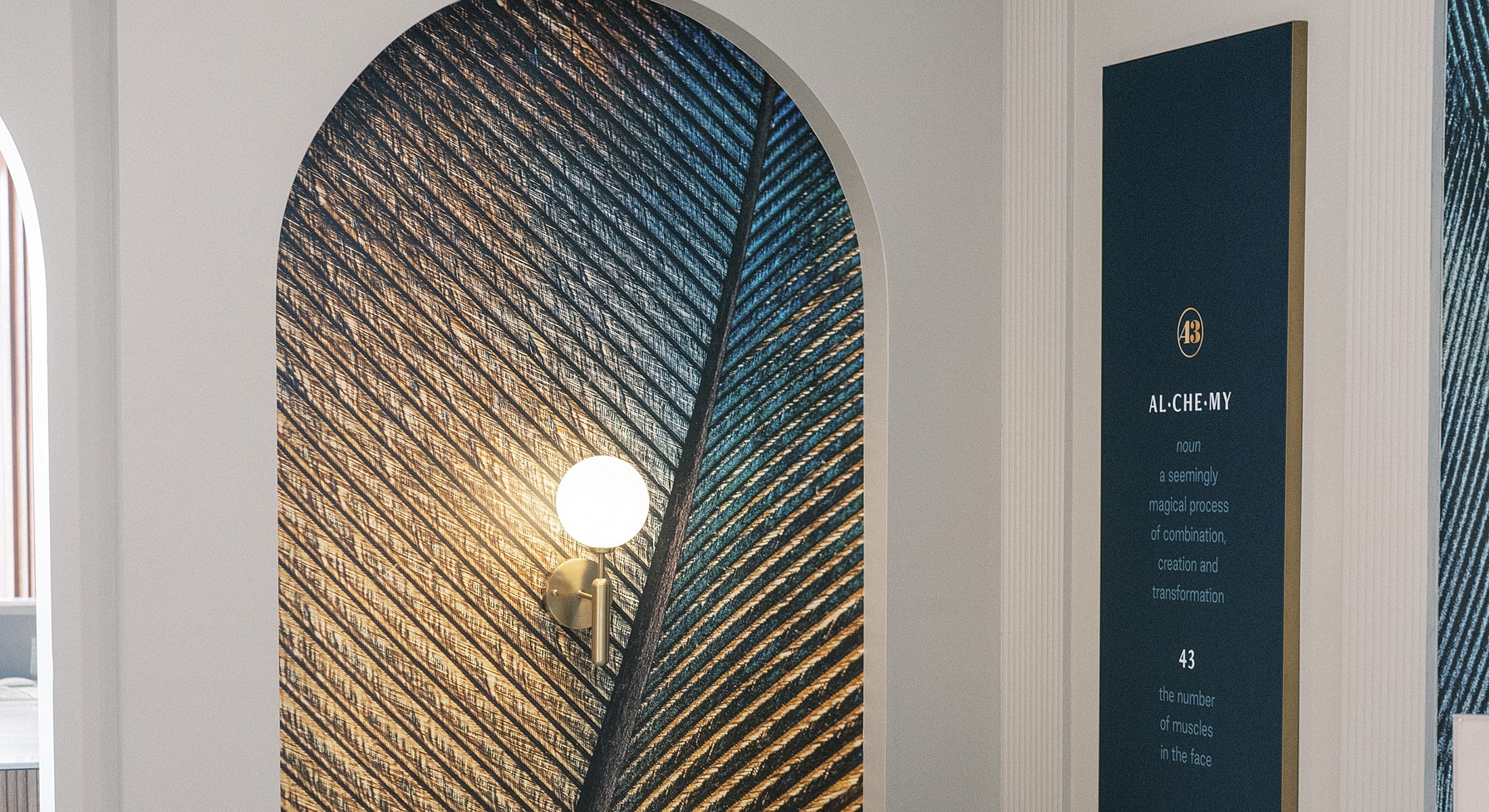 Modern interior design with artistic wall feature.